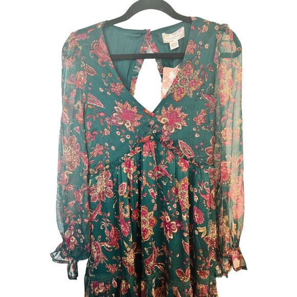 Bohemian Small Paisley Long Sleeve Dark Green Band Of The Free Floral Print Maxi - Picture 4 of 16